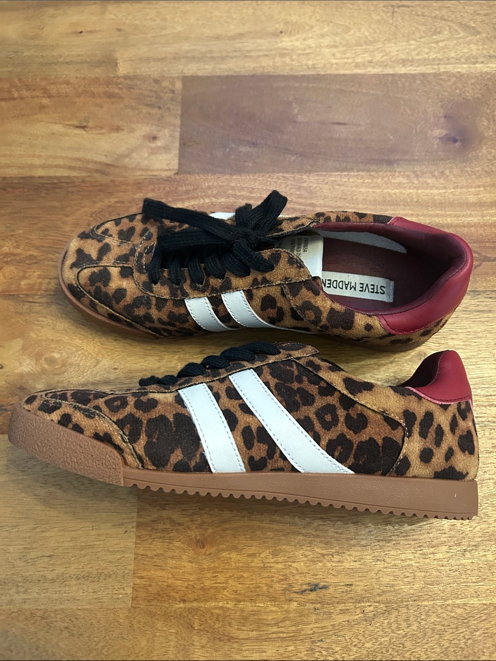 Steve Madden Madrid Leopard-Print Sneakers with White Stripes and Red Heel